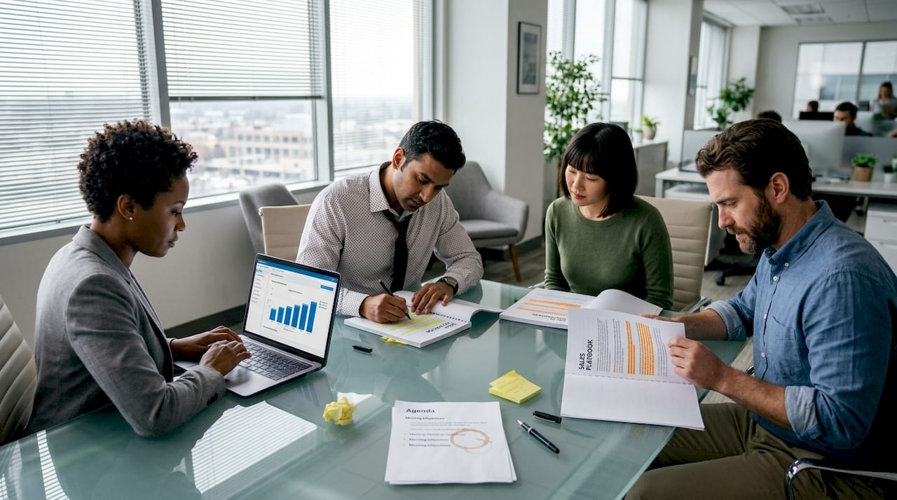 Sales team reviewing playbooks in office meeting