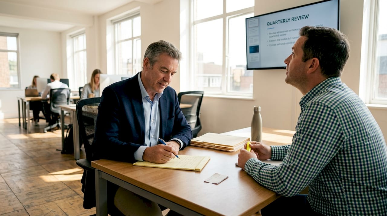 Executive coach and owner in review session