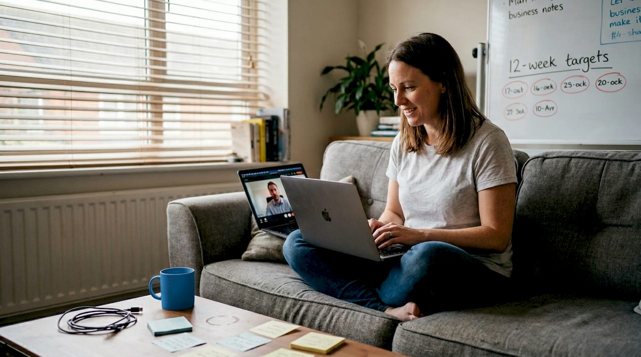 Business owner in video coaching quarterly planning