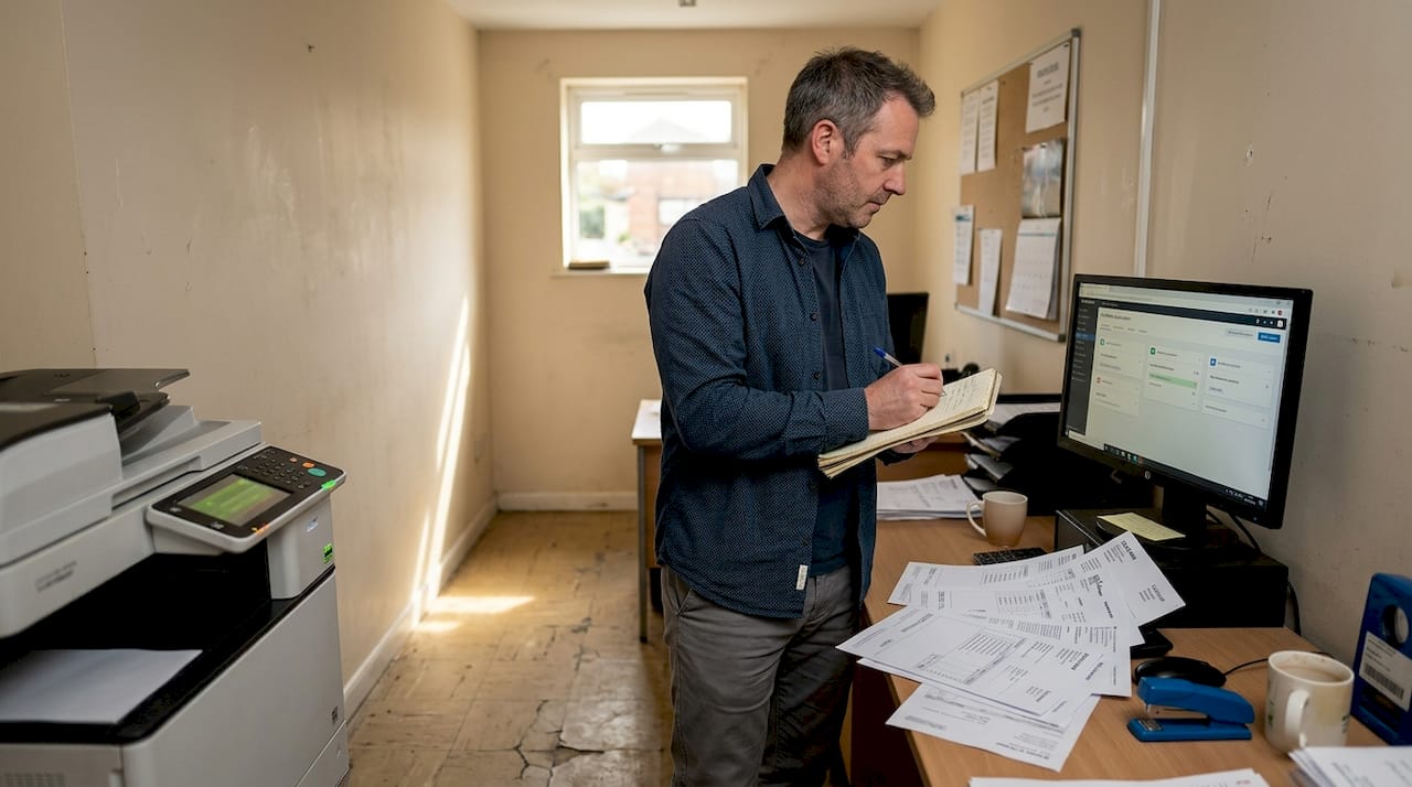 Manager checking automation alongside paperwork in back office