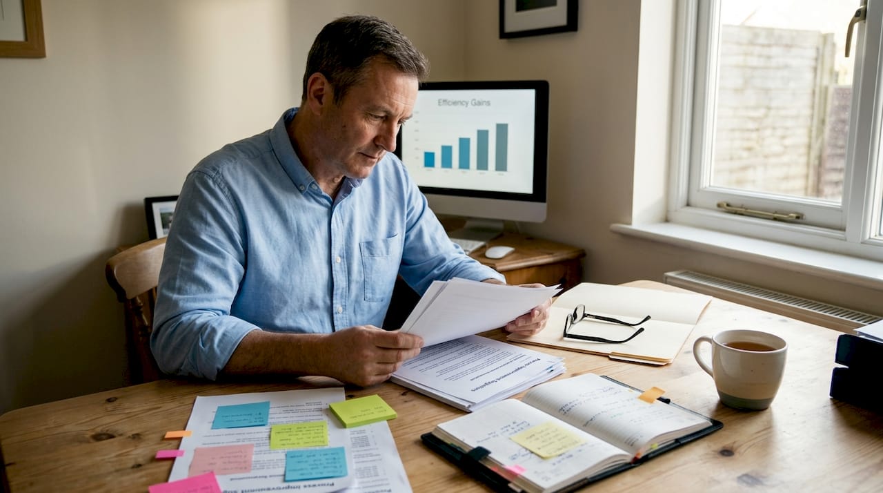 Manager reviewing process notes at cluttered desk