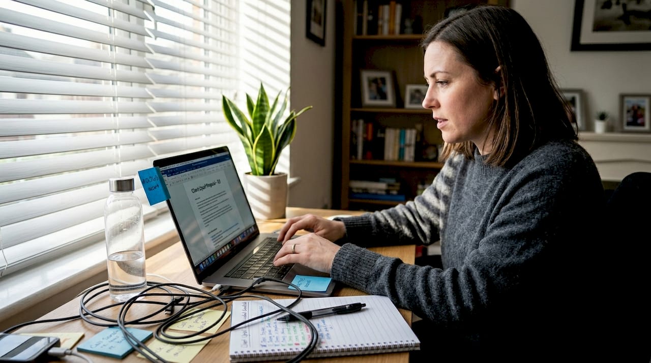 Account manager preparing client upsell proposal