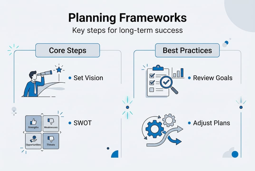 Infographic showing business planning frameworks steps