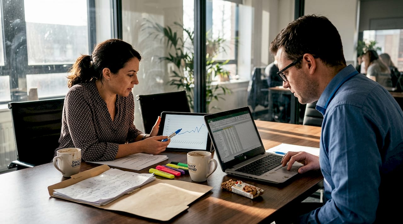 Small team discusses business numbers at table