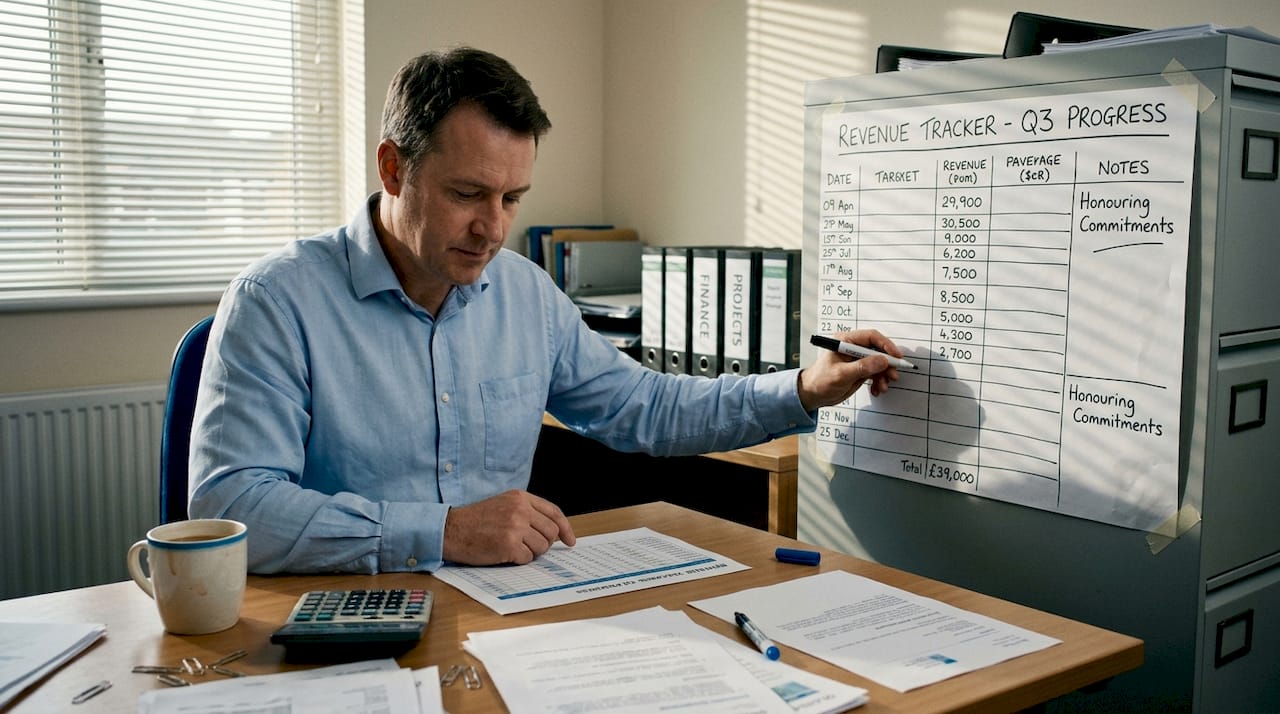 Manager updates revenue tracker in office