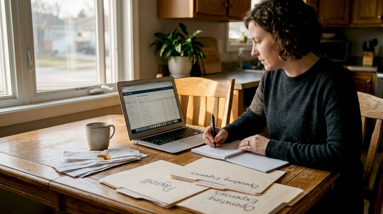 Business owner reviews finances at kitchen table