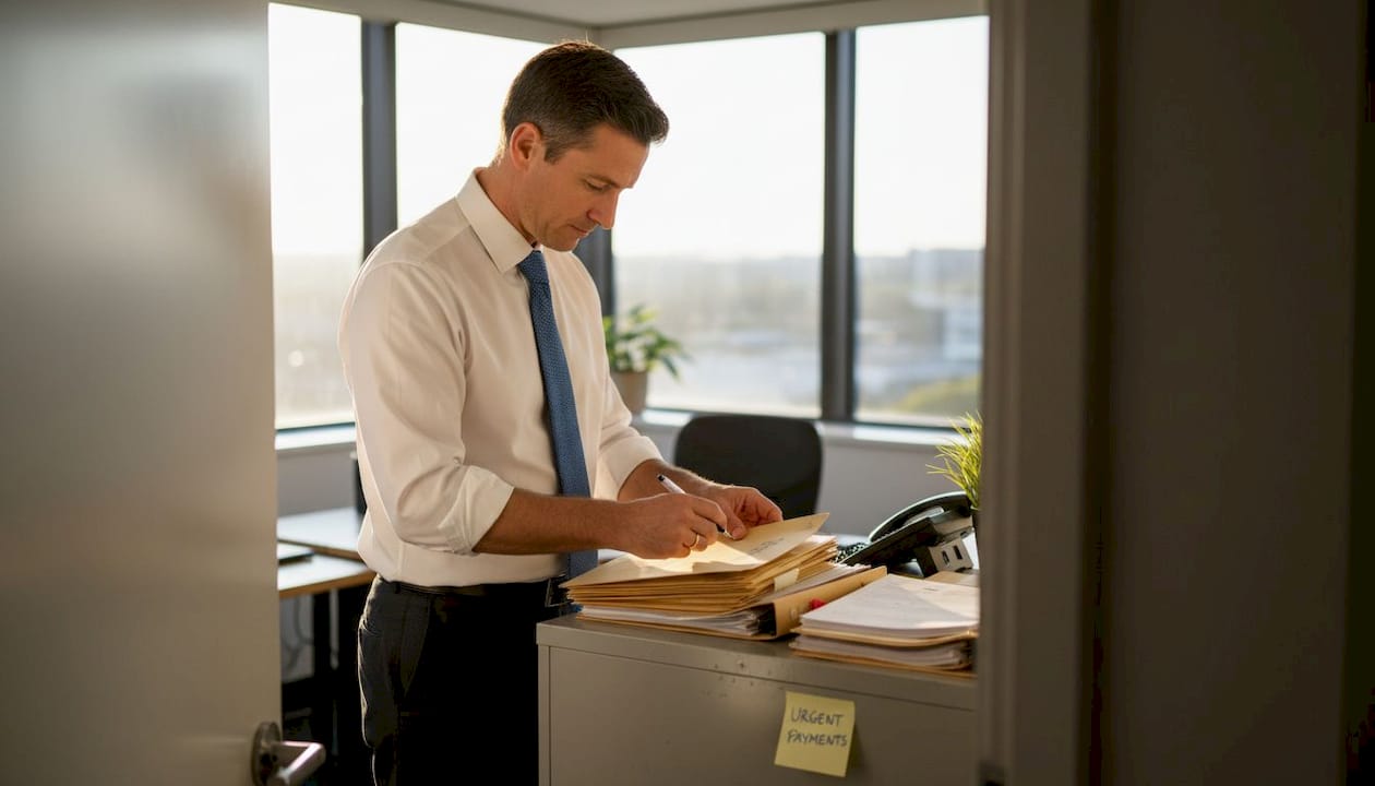 Manager sorting files in bright office