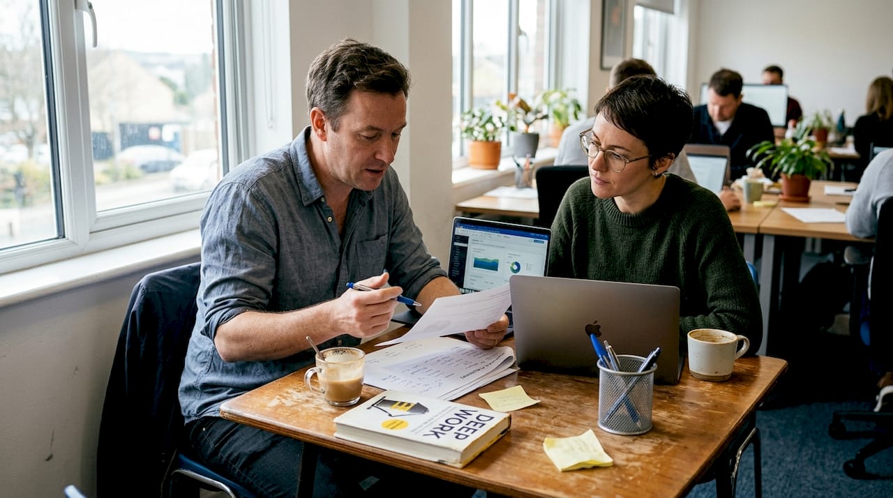 Business team discussing reports in small office