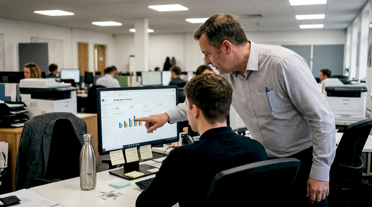 Manager coaches salesperson at shared desk