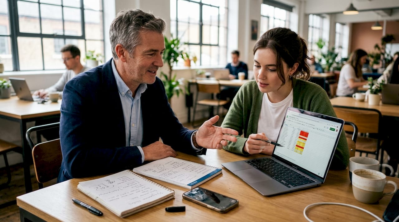 Mentor and entrepreneur discuss finances at desk