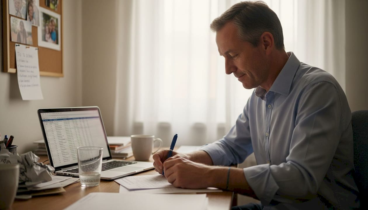 Entrepreneur revising business plan at desk