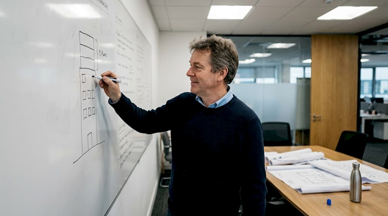 Manager drawing scalable company structure on whiteboard