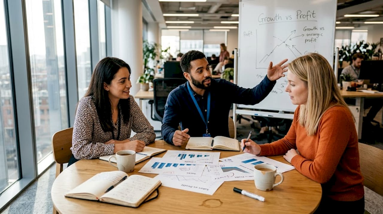 Team meeting discussing growth and profitability