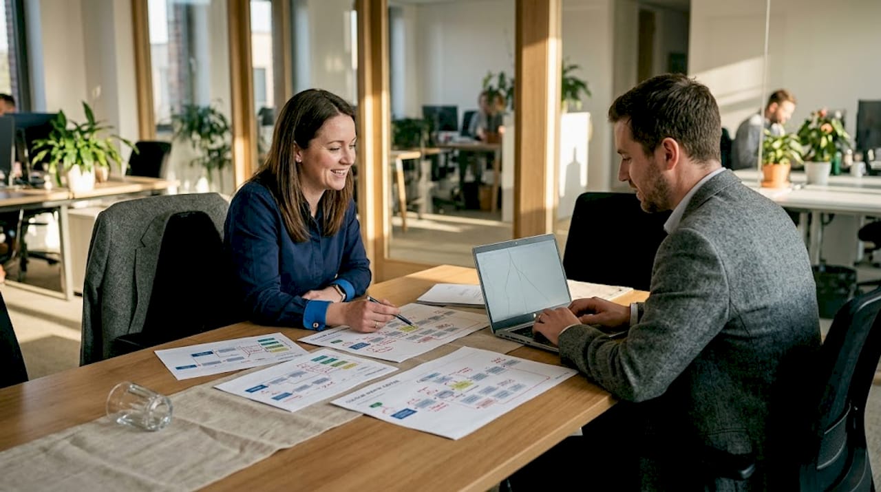 Managers collaborate revising business workflow maps