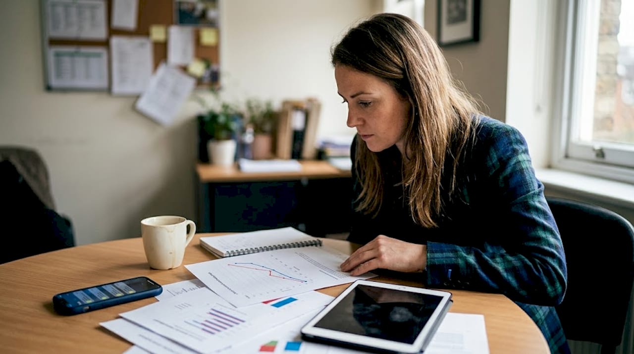 Manager reviewing profit graph printouts