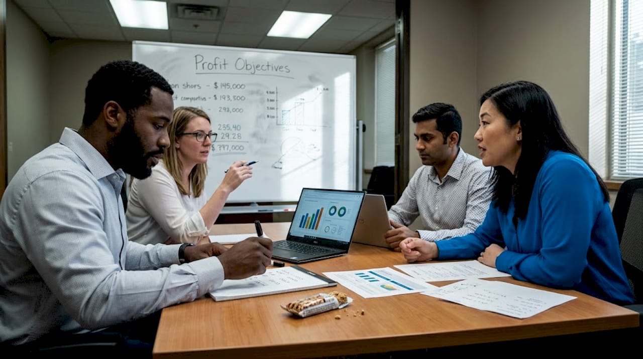 Team meeting discusses profit scaling targets