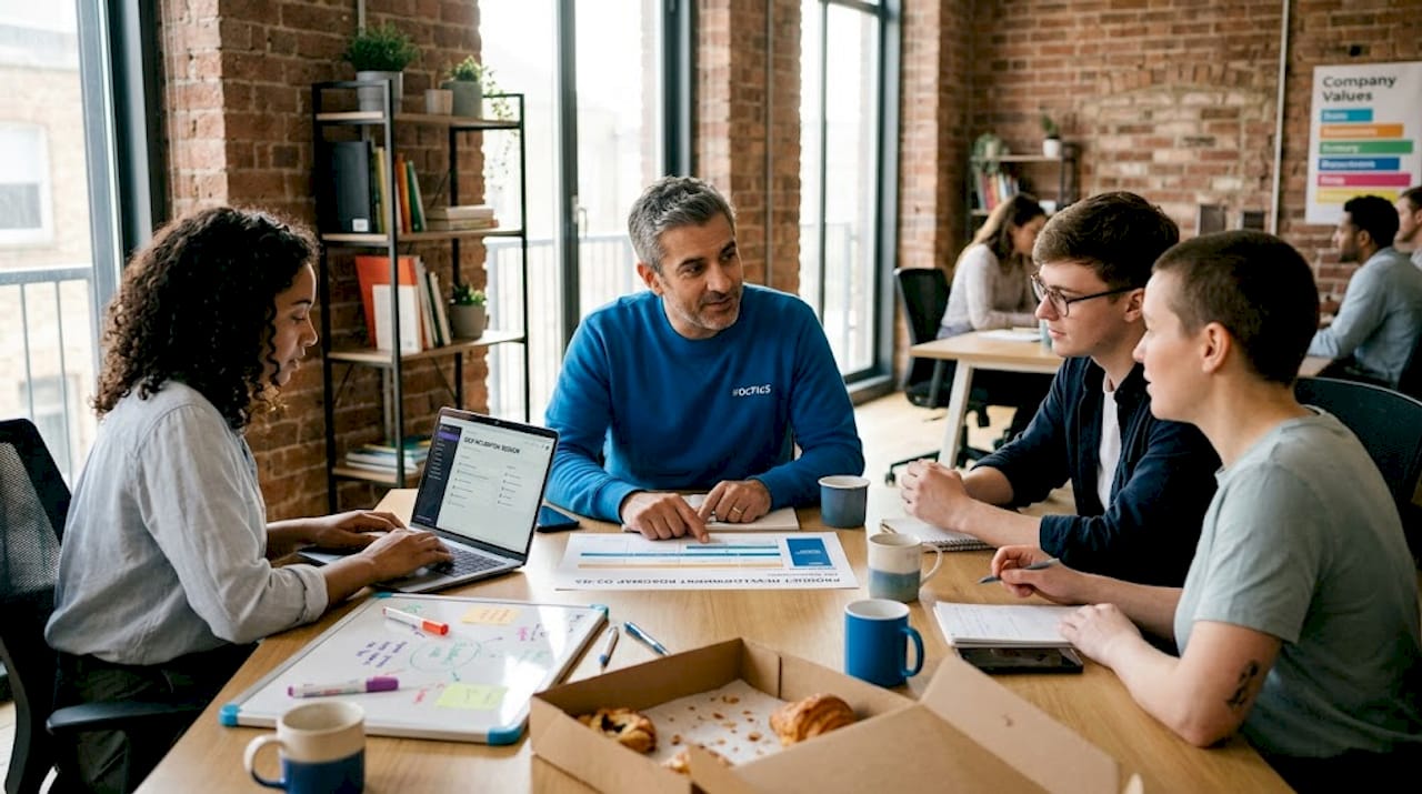 Team reviewing roadmap in open workspace