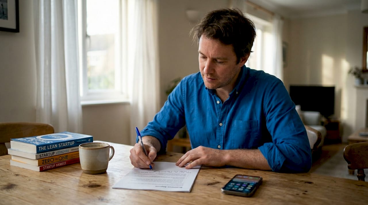 Resilient founder reflecting at home office