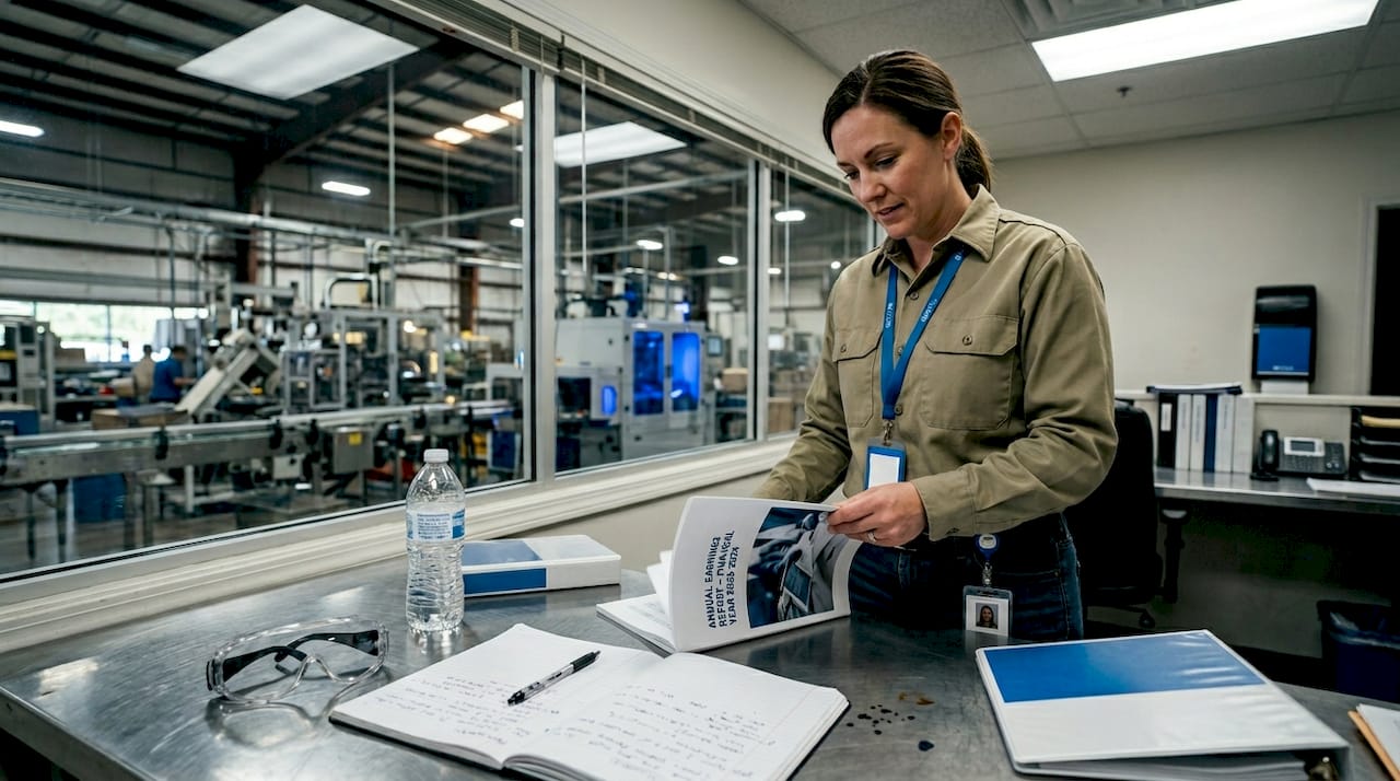 Manager reading annual earnings report at desk