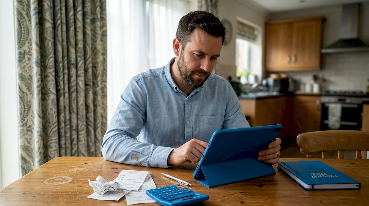 Manager checking expenses among scattered receipts