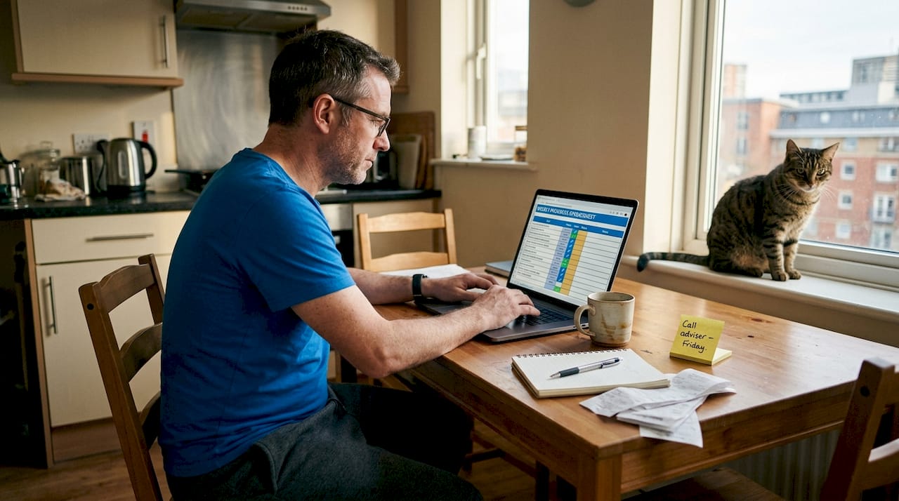 Business owner tracks progress from home kitchen