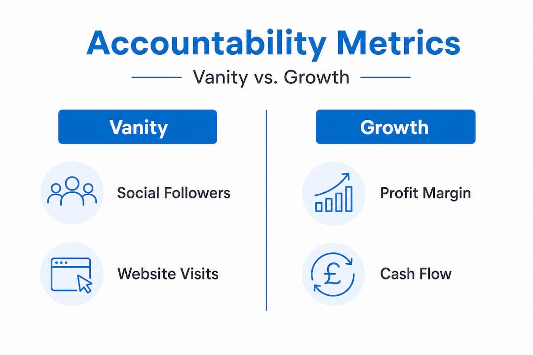 Infographic comparing vanity and growth accountability metrics