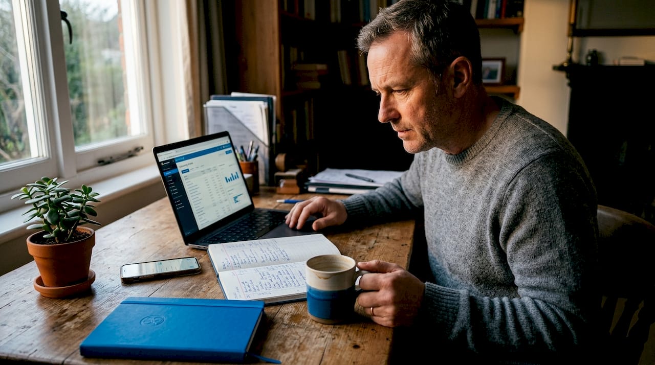 Man reviewing accounting software at cluttered desk