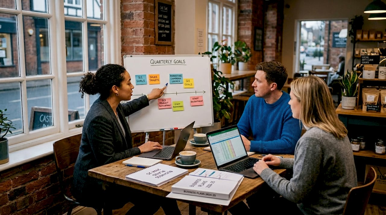 Team reviews business plan around meeting table