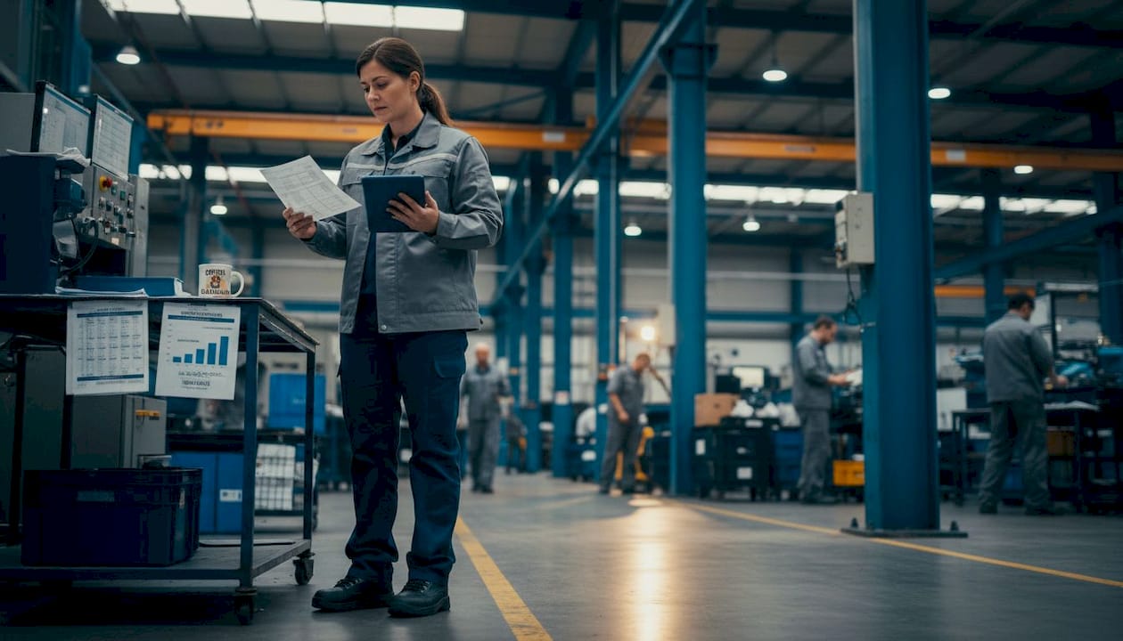 Factory manager reviewing financial progress