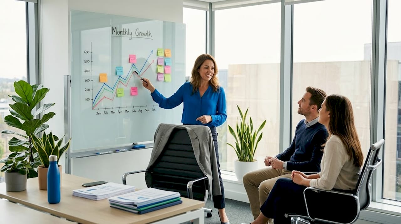 Team reviewing monthly performance chart