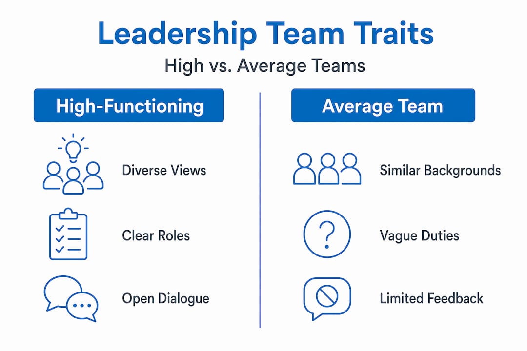 Infographic comparing high functioning and average leadership teams