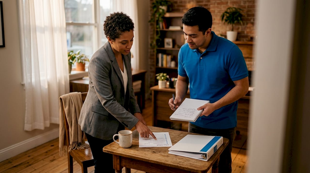 Team members discuss workflow checklist