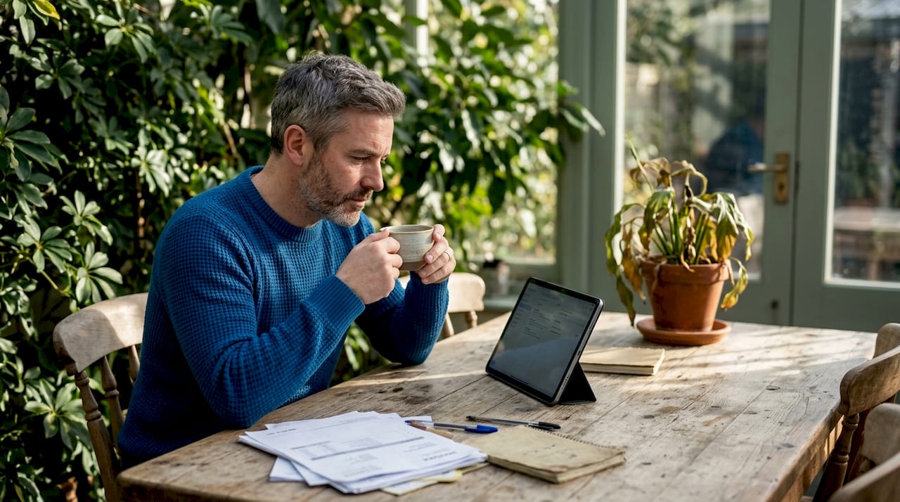 Entrepreneur reflecting at cluttered kitchen table