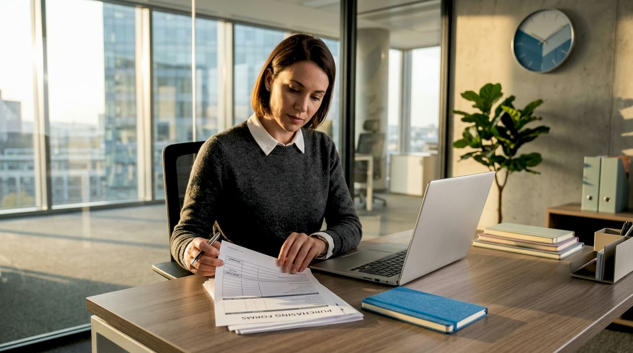 Manager reviews purchasing workflow documents