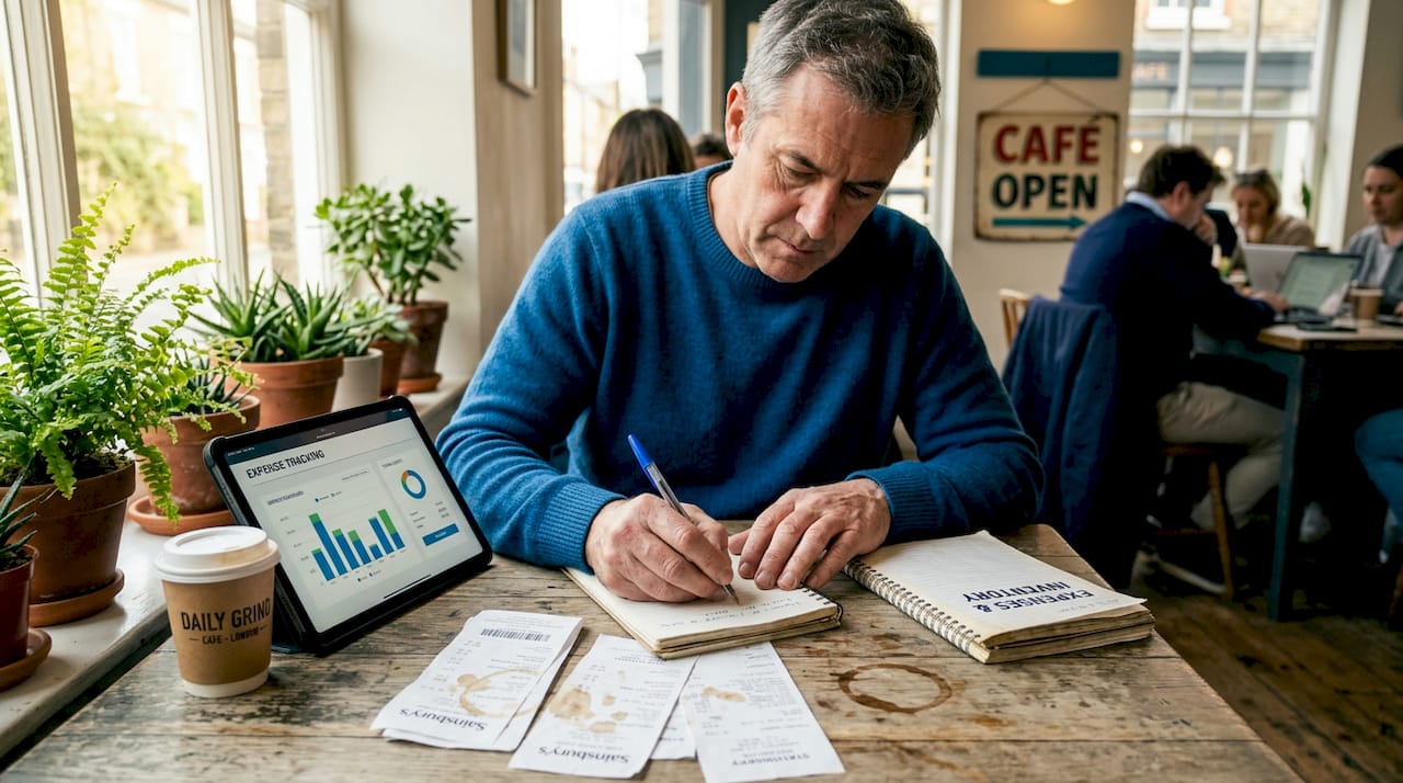Business owner tracks costs in open workspace