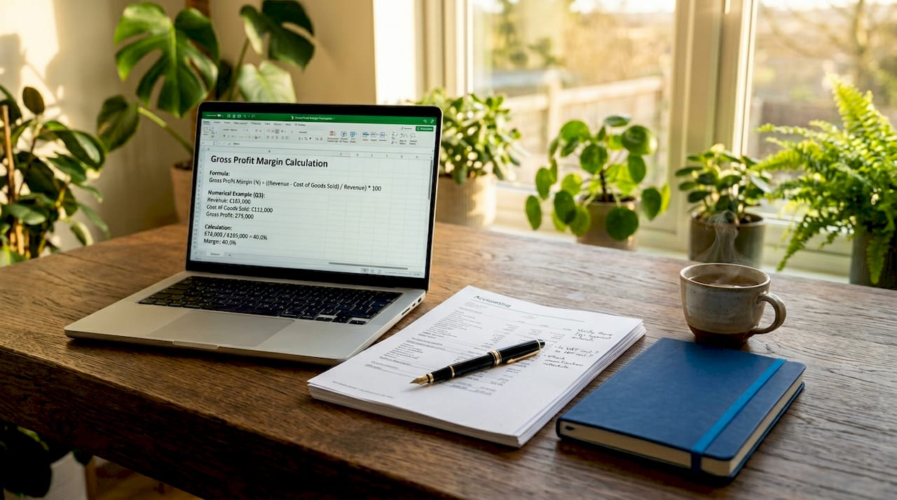 Laptop and financial documents showing gross profit margin
