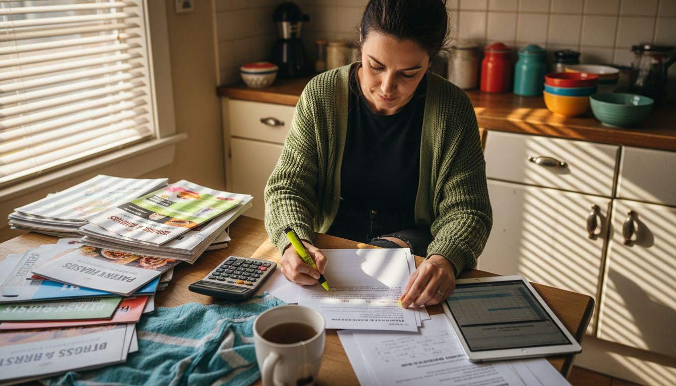 Woman assessing franchise paperwork at kitchen table
