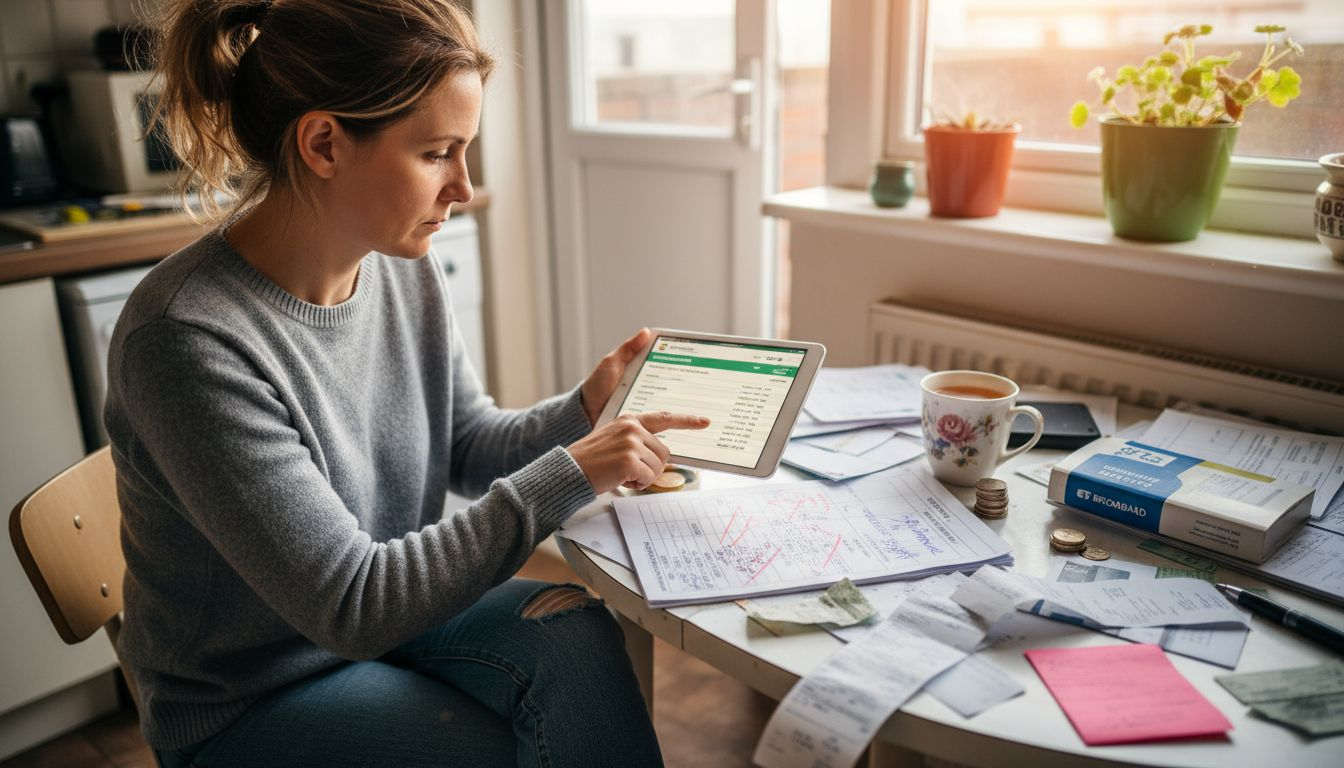 Woman reviewing personal finances at kitchen table