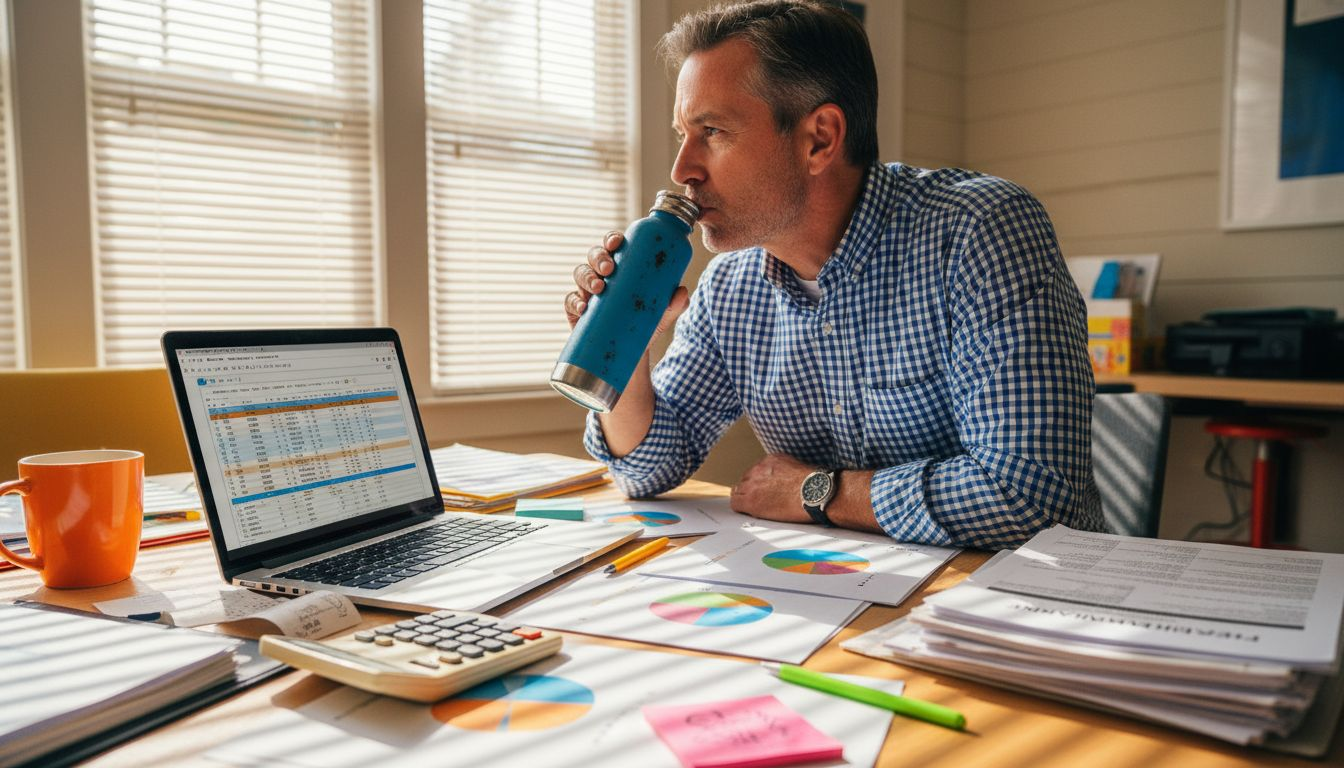 Consultant reviews finances in cluttered boardroom