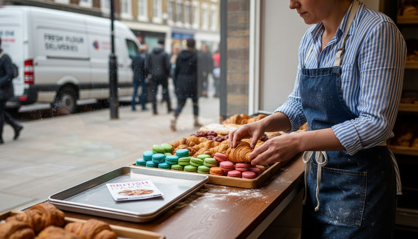 Franchise bakery owner arranging pastry display