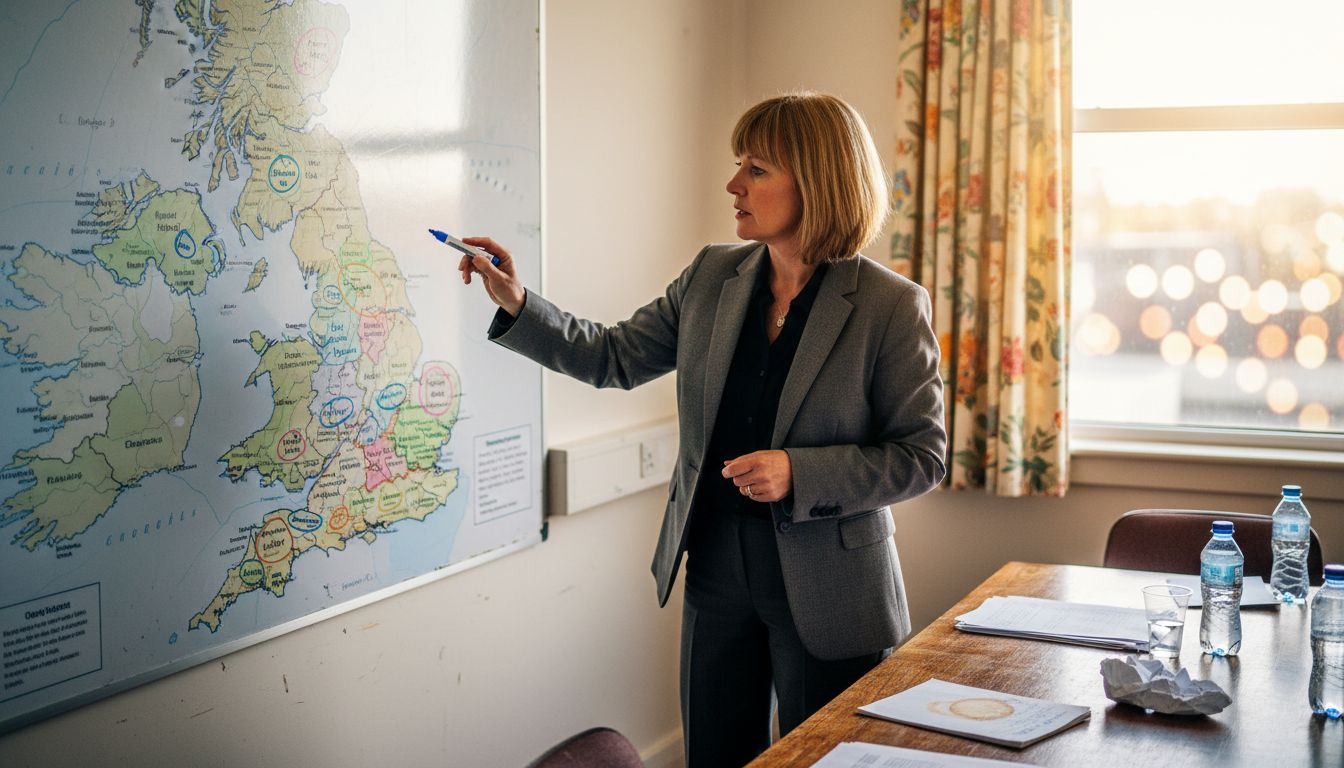 Woman marking franchise territories on UK map