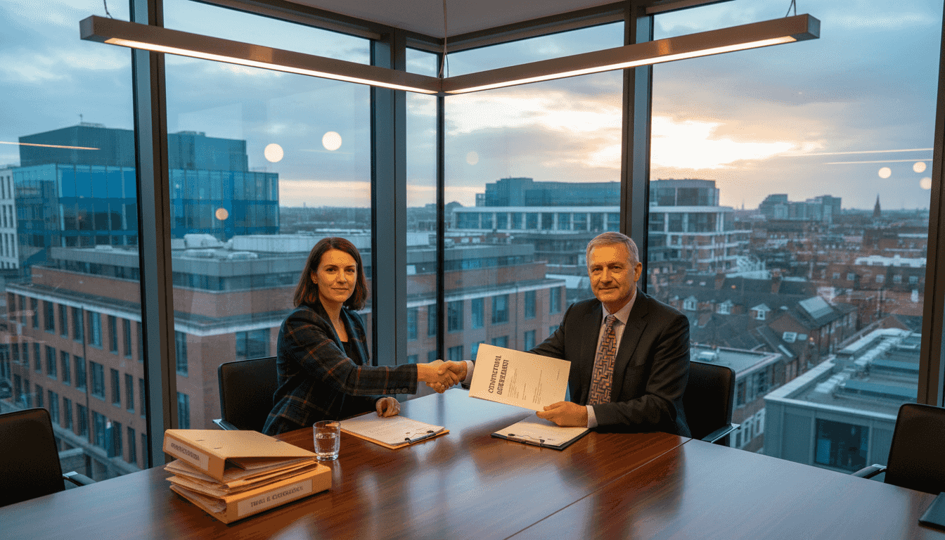 Business partners shaking hands over franchise agreement