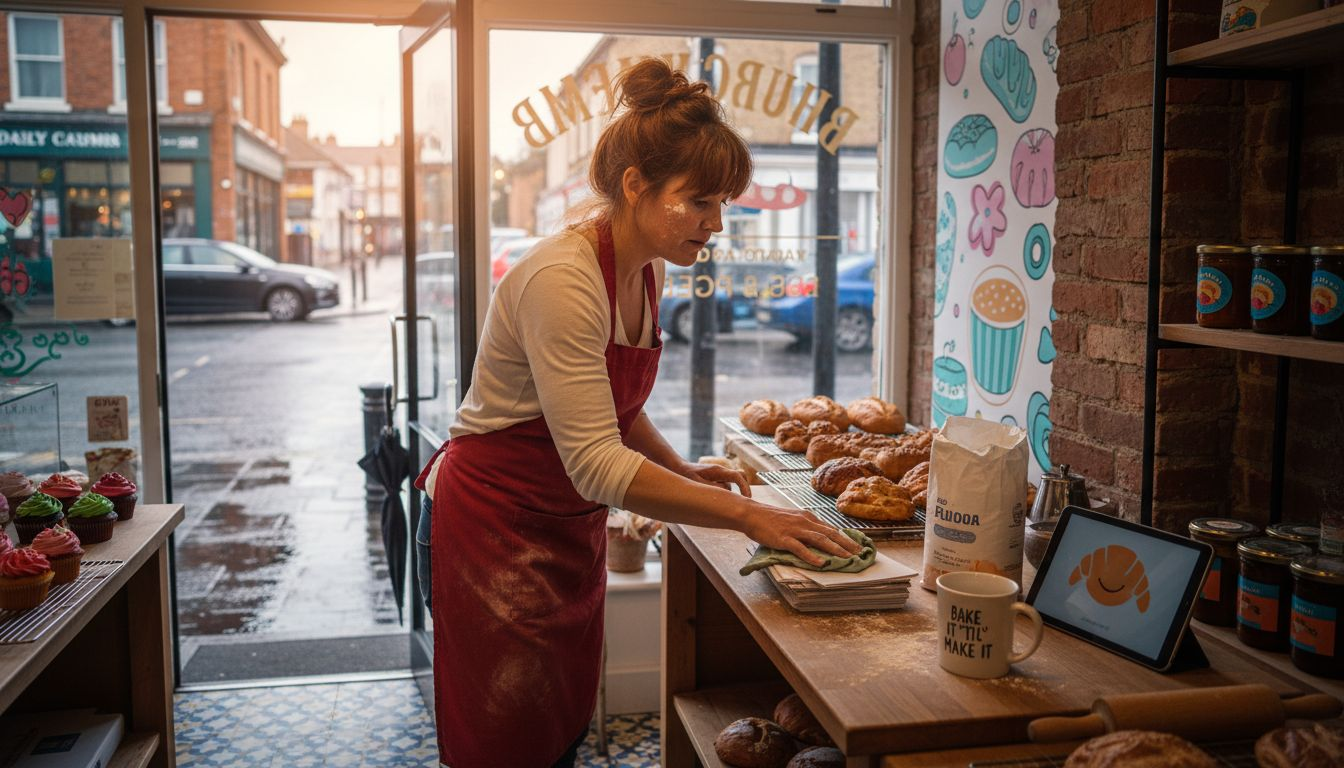 Independent bakery owner cleaning shop window