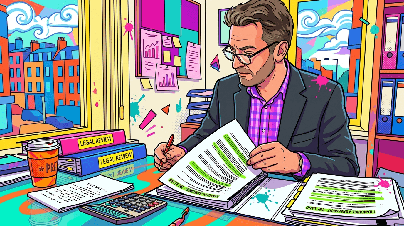 Consultant reviewing franchise fee agreement in office