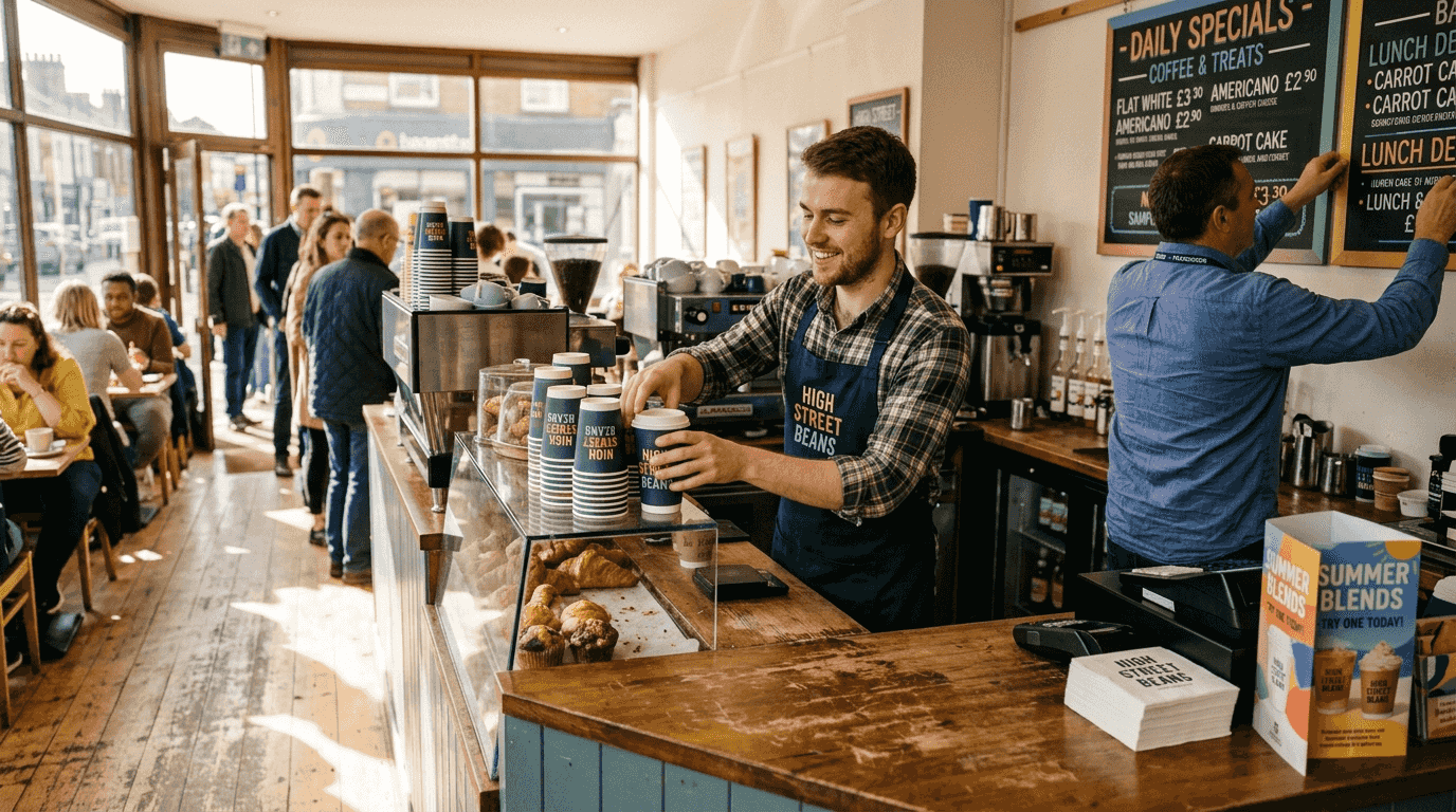 Franchise owner and advisor preparing high street café