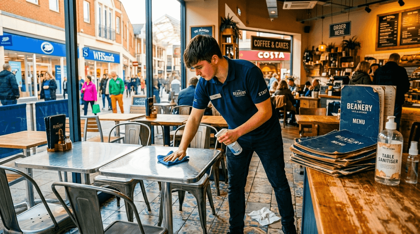 Franchise industry sectors defined: a UK guide Worker cleaning tables in franchise café setting