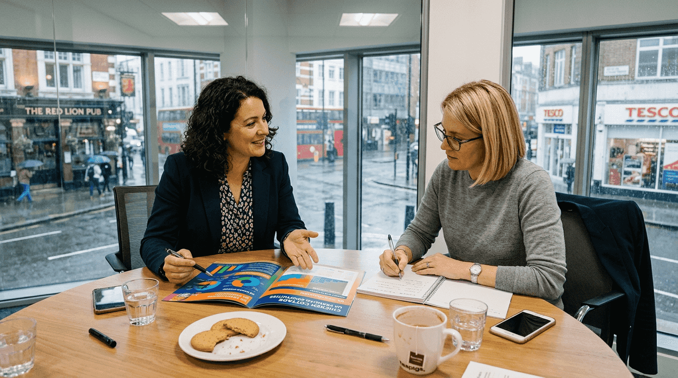 Businesswomen discussing franchise brochure in meeting room