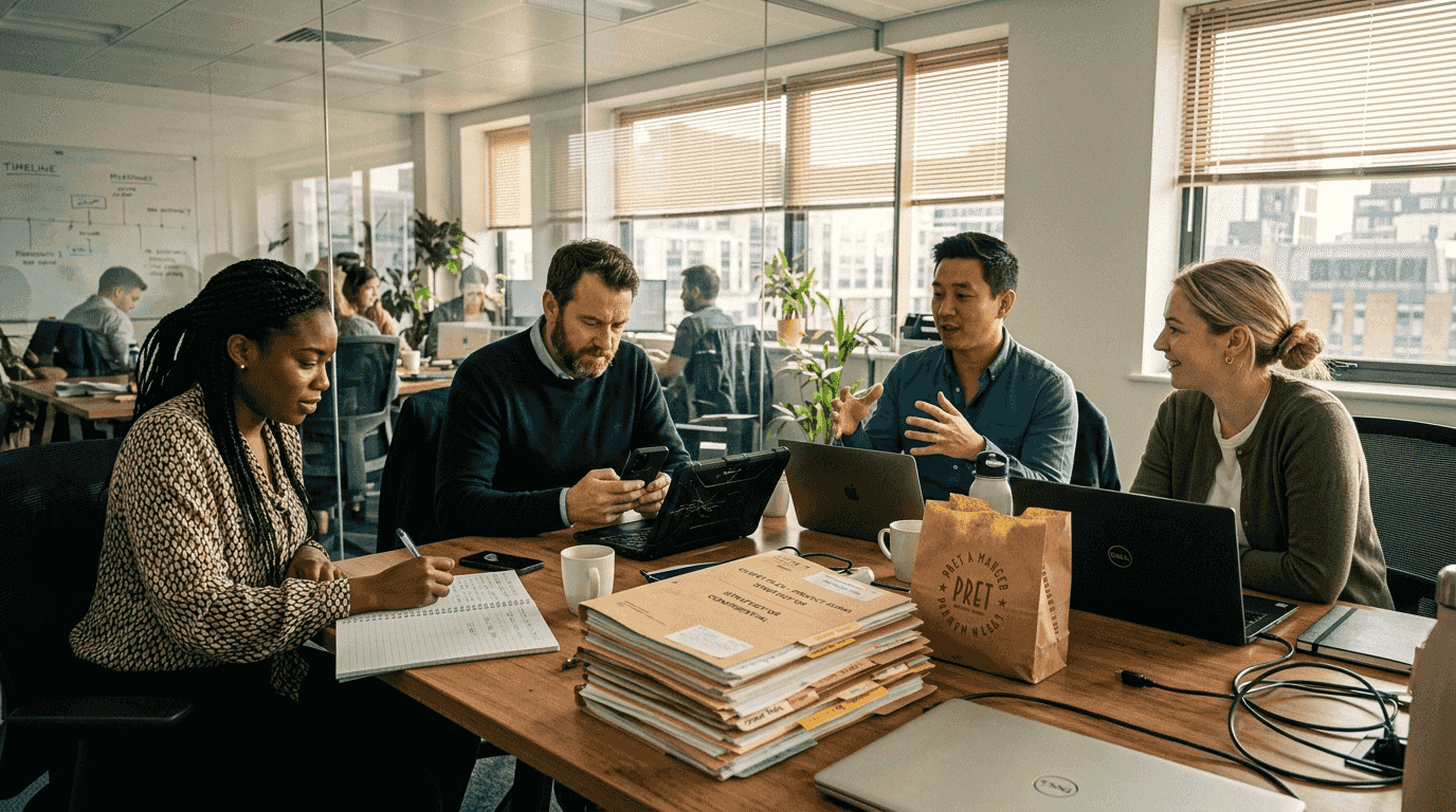 Professionals discussing in informal B2B meeting