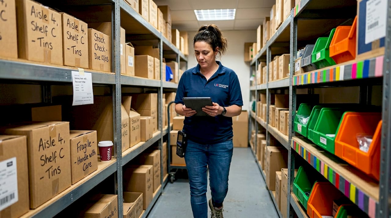 Manager checking franchise warehouse inventory