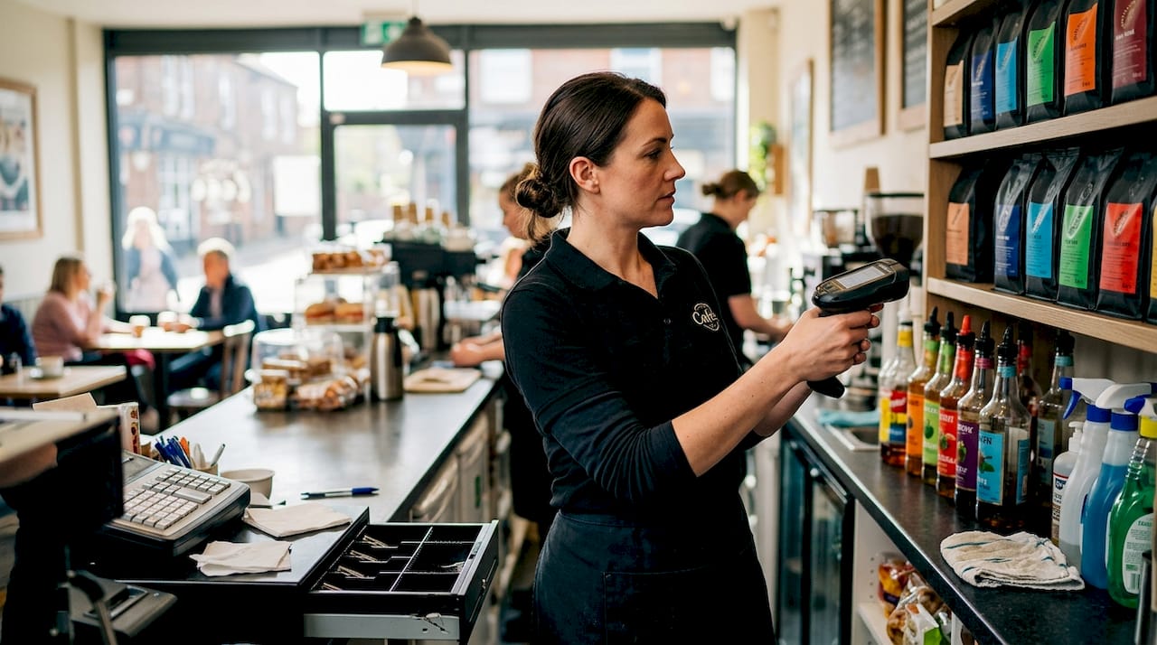 Franchise manager working in bustling café